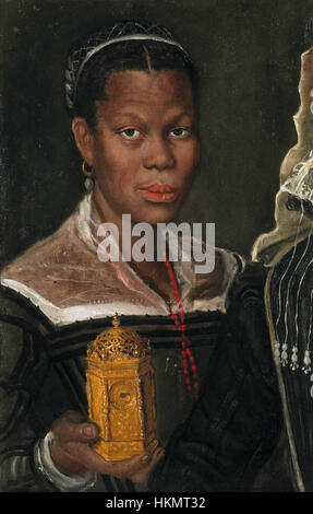 Questo ritratto attribuito da Annibale Carracci raffigura una schiava africana alla fine del XVI secolo, dipinta con il caratteristico uso dell'olio su tela da parte dell'artista. L'opera fa parte di un frammento di un pezzo più grande, che offre una visione delle rappresentazioni storiche della schiavitù. Foto Stock