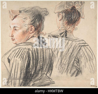 Questo schizzo di Antoine Watteau raffigura una donna che indossa un berretto, mostrando l'attenzione dell'artista su delicati studi di ritratti. Conosciuto per le sue graziose raffigurazioni di figure, gli studi di Watteau spesso esploravano gli aspetti intimi e quotidiani della vita del XVIII secolo, mescolando eleganza e realismo nel suo lavoro dettagliato. Foto Stock