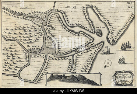 Questa mappa, etichettata AMH-6919-KB, raffigura la città di Valdivia e le sue aree circostanti in Cile. La mappa fornisce informazioni geografiche storiche, che mostrano lo sviluppo della regione, la configurazione urbana e le caratteristiche geografiche, offrendo uno sguardo al passato. Foto Stock
