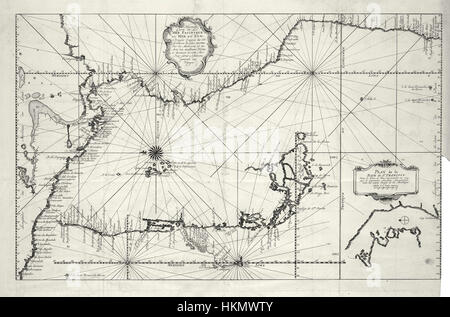 Questa mappa storica mostra la costa occidentale del Sud America con un riquadro che evidenzia una baia sul Vuurland. Offre una vista dettagliata delle caratteristiche geografiche e dei punti di riferimento costieri del XIX secolo. Foto Stock