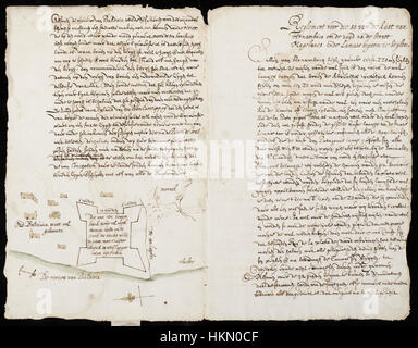 Questa mappa raffigura le fortificazioni di Valdivia, Cile, da una prospettiva storica. Illustra il posizionamento militare strategico e il design architettonico del forte durante il periodo coloniale. Foto Stock