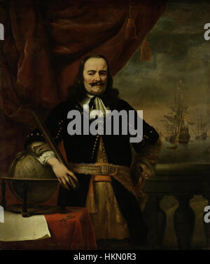 Il dipinto di Ferdinand Bol di Michiel de Ruyter offre un ritratto dettagliato dell'ammiraglio olandese. Il dipinto ad olio cattura la sua statura e importanza militare in uno stile preciso e realistico. Questo pezzo storico rimane una testimonianza sia dell'abilità dell'artista che del significato del soggetto nella storia navale olandese. Foto Stock