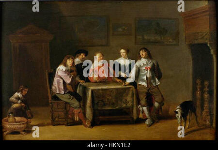 Christoffel Jacobsz. La pittura di Van der Laemen mette in mostra figure eleganti in un ambiente interno, mostrando la sua raffinata tecnica nel rendering di scene sociali del XVII secolo. Foto Stock