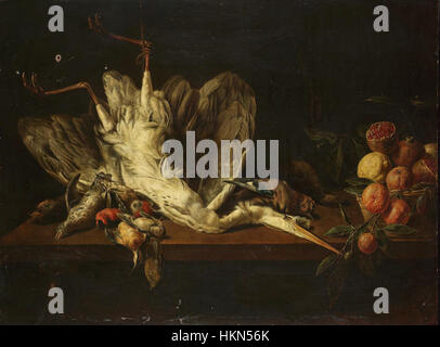 Questa natura morta di Adriaen van Utrecht e studio raffigura una collezione di uccelli e frutta, mostrando la maestria di van Utrecht nel naturalismo dettagliato e la sua attenzione alla bellezza della vita quotidiana. Foto Stock