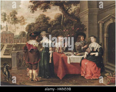Christoffel Jacobsz. Il dipinto di Van der Lamen raffigura un elegante raduno di persone in un giardino, gustando cibo, bevande e musica. Il lavoro cattura l'eleganza del tempo libero e sociale del XVII secolo. Foto Stock