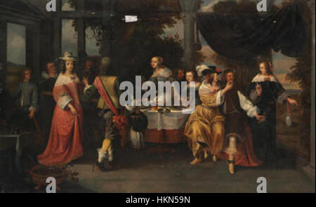 Christoffel Jacobsz. Van der Lamen's *Elegant Company at a Table* è un dipinto di genere olandese del XVII secolo che raffigura un intimo raduno di figure in un ambiente sociale, mostrando la maestria dell'artista nel rendere i dettagli e l'atmosfera. Foto Stock