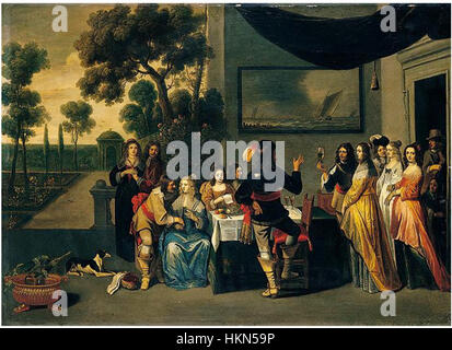 Questo elegante dipinto del XVII secolo di Christoffel Jacobsz. Van der Lamen raffigura un gruppo di individui raffinati su una terrazza, catturando la loro interazione sociale e abbigliamento alla moda. La scena evidenzia la maestria dell'artista nel rappresentare la società alla moda del XVII secolo e le complessità della vita quotidiana tra le élite. Foto Stock