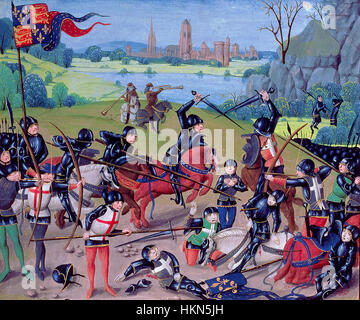 La battaglia di Agincourt, combattuta il 25 ottobre 1415, durante la guerra dei cent'anni, è raffigurata in questa opera d'arte storica. Il dipinto cattura il momento della vittoria inglese sulle forze francesi, evidenziando l'uso strategico dei longbowmen e la resilienza di re Enrico V.. Foto Stock