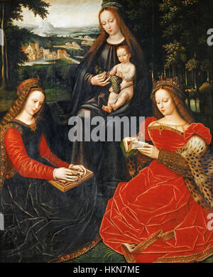 La Vierge et l'Enfant entre sainte Catherine et Barbe di Ambrosius Benson (la Vergine col bambino tra Santa Caterina e Santa Barbara) è un dipinto ad olio rinascimentale ospitato al Louvre. Presenta la Vergine Maria con bambino con due santi, che mostra l'attenzione di Benson per i dettagli e il simbolismo religioso. Foto Stock