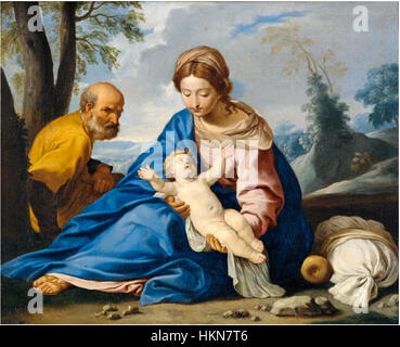 Il *riposo sulla fuga in Egitto* di Simone Cantarini raffigura la Santa famiglia che si riposa durante il loro viaggio in Egitto. Il dipinto mostra la maestria di Cantarini nel catturare temi religiosi e la profondità emotiva nelle sue opere. Foto Stock