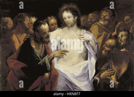 "Dubitare Tommaso" di Smuglewicz è un dipinto che raffigura il momento biblico in cui Tommaso, uno degli apostoli di Cristo, dubita della risurrezione. La rappresentazione emotiva cattura lo scetticismo e la convinzione di Thomas, mostrando l'abilità di Smuglewicz nella pittura narrativa religiosa. Foto Stock