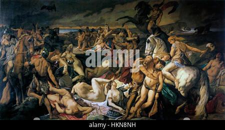 "Amazonenschlacht" (1873) di Anselm Feuerbach descrive la battaglia tra le Amazzoni e i Greci nella mitologia greca. Il dipinto ad olio mostra movimenti dinamici e figure drammatiche, riflettendo l'abilità dell'artista nel ritrarre scene mitologiche. Foto Stock