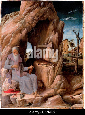 La raffigurazione di Geronimo da parte di Andrea Mantegna è un dipinto storico che illustra i temi religiosi e simbolici centrali dello stile di Mantegna. Le sue opere sono caratterizzate dal loro realismo dettagliato e dall'uso drammatico della prospettiva. Foto Stock