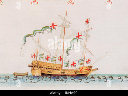 *Anthony Roll-33 Jennet* è un manoscritto inglese del XVI secolo che illustra una varietà di razze di cavalli, tra cui la razza Jennet, che era molto apprezzata per la sua grazia e agilità. Questo lavoro è un prezioso documento storico per comprendere la cultura equina medievale in Inghilterra. Foto Stock