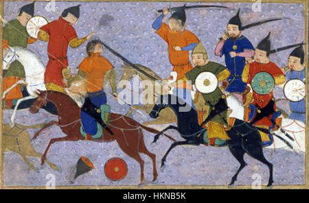 Questo dipinto intitolato "Bataille entre Mongols & Chinois (1211)" illustra la battaglia tra i Mongoli e i cinesi nel 1211. L'opera d'arte cattura l'intensità e il significato storico del conflitto durante le invasioni mongole della Cina. Foto Stock