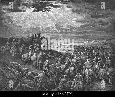 Questo dipinto raffigura la storia biblica di Giosuè che comanda al sole di stare fermo, come descritto nel Libro di Giosuè. L'opera d'arte cattura il momento drammatico con dettagli vividi, mostrando il potere e l'intervento divino dell'evento. Foto Stock