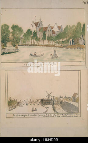 Questa illustrazione tratta dal *Atlas Schoemaker* raffigura il Kastelen ad Amsterdam, catturando la bellezza architettonica e la disposizione dei castelli e delle tenute della regione. È un esempio di arte topografica del XVIII secolo che mostra strutture aristocratiche olandesi. Foto Stock