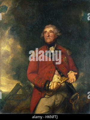 Questo ritratto di George Augustus Eliott, i barone Heathfield, dipinto da Joshua Reynolds, raffigura il leader militare britannico. Reynolds, noto per i suoi ritratti, cattura l'espressione stoica di Eliott, che riflette la sua leadership durante il grande assedio di Gibilterra, enfatizzando le qualità nobili e militari del suo carattere. Foto Stock