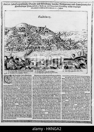 Questa opera d'arte storica ritrae l'assedio di Heidelberg, un evento durante la guerra dei trent'anni. Il dipinto cattura il momento teso e drammatico in cui le forze si scontrano in questo luogo chiave in Germania. La composizione dettagliata evidenzia le fortificazioni, i soldati e la caotica atmosfera dell'assedio. Foto Stock