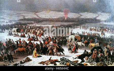 Questo dipinto storico raffigura la battaglia di Berezina, un evento significativo durante la campagna di Napoleone in Russia nel 1812. L'opera d'arte cattura il caos e l'intensità della battaglia, illustrando la lotta per la sopravvivenza mentre l'esercito francese combatteva per attraversare il fiume Berezina. Foto Stock