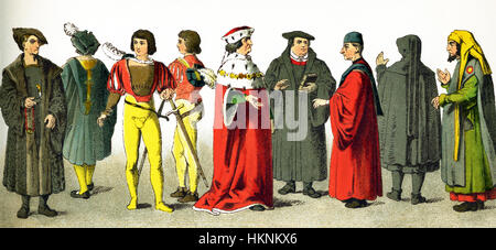Le figure qui rappresentate sono tedeschi tra 1500 e 1550. Essi sono, da sinistra a destra: due patrizi, due guerrieri, un elettore, Martin Luther, un uomo di apprendimento un mourner e un ebreo. Il titolo 'elettore" era il titolo dato un principe tedesco ha il diritto di partecipare alla elezione del Sacro Romano Imperatore. L'illustrazione risale al 1882. Foto Stock