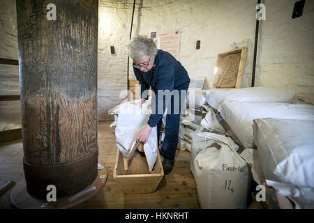 Coordinatore di fresatura Jenny Hartland all'interno Holgate Windmill che è il più antico mulino a vento nello Yorkshire. Foto Stock