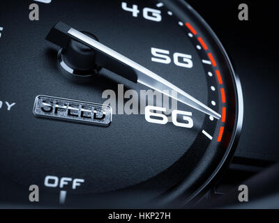 Rete wireless il concetto di velocità, tachimetro 6G evoluzione. Il rendering 3D Foto Stock