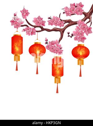 Quattro rosso lanterne cinesi su un ramo di ciliegio con fiori di colore rosa. Isolato su sfondo bianco. illustrazione Illustrazione Vettoriale