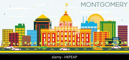 Montgomery Skyline con edifici di colore e cielo blu. Illustrazione Vettoriale. Viaggi di affari e turismo Concept. Immagine per presentazione targhetta Banner Illustrazione Vettoriale