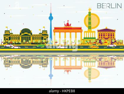 Lo Skyline di Berlino con edifici di colore, cielo blu e riflessi. Illustrazione Vettoriale. Viaggi di affari e di turismo con il concetto di architettura storica. Illustrazione Vettoriale