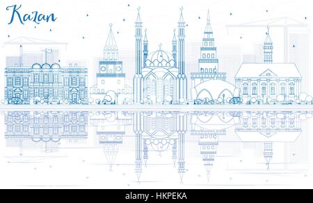 Profilo dello Skyline di Kazan con edifici blu e riflessi. Illustrazione Vettoriale. Viaggi di affari e di turismo con il concetto di architettura storica. Illustrazione Vettoriale