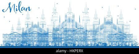 Profilo dello Skyline di Milano con i punti di riferimento di colore blu. Illustrazione Vettoriale. Viaggi di affari e turismo concetto con edifici storici. Illustrazione Vettoriale