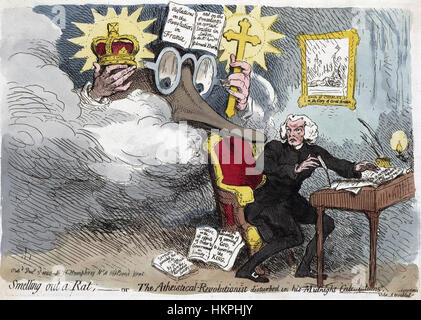 EDMUND BURKE ( 1729-1797) statista irlandese satirised in un cartoon 1790 da James Gillray. Burke il naso lungo ispirandosi è il dottor Richard prezzo che sta scrivendo un pezzo "sui vantaggi di anarchia Regicide ateismo". Sulla parete è una foto che mostra l'esecuzione di Carlo I Foto Stock