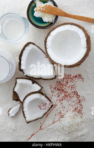 Materie noce di cocco con il latte di cocco, acqua, fiocchi e olio Foto Stock