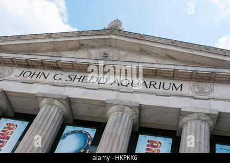 La parte anteriore del John G. Shedd Aquarium di Chicago è decorato con sculture di conchiglie, pesci e altri animali marini. Foto Stock