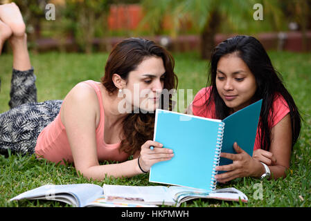 Due ragazze la lettura del notebook su erba nel parco Foto Stock