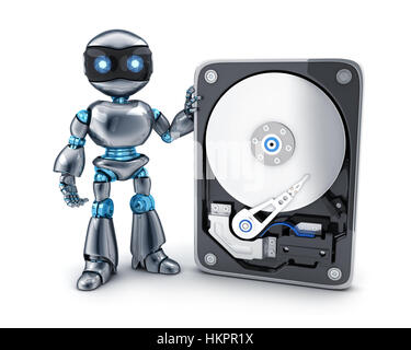 Robot e database HDD astratta. 3d illustrazione Foto Stock