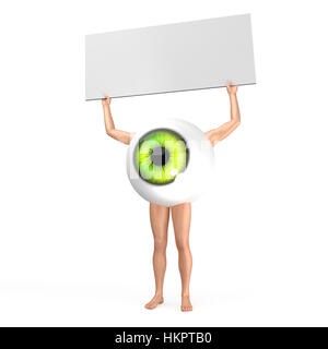 Grandi occhi verdi con le gambe e le braccia in piedi e tenere premuto tavolo bianco. isolato 3D render illustrazione. spazio libero per il tuo testo. Foto Stock