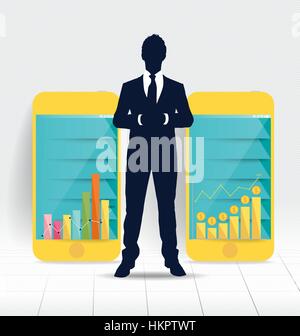Imprenditore mostra dispositivo touchscreen con grafico e infografico modello di progettazione. Illustrazione Vettoriale. Illustrazione Vettoriale