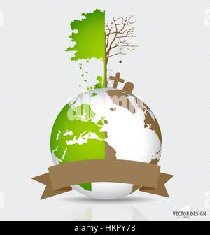 Salvare il mondo, albero su un globo disboscate e Green Globe. Illustrazione Vettoriale. Illustrazione Vettoriale