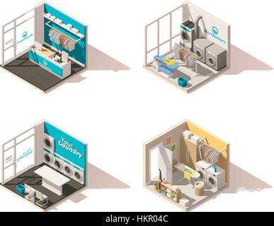 Vettore bassa isometrica poli servizio lavanderia icona impostare Illustrazione Vettoriale