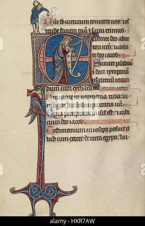 La "e iniziale" del Bute Master è un manoscritto miniato franco-fiammingo risalente al 1260-1290. Raffigura David che suona l'arpa e un uomo che alza una roccia, illustrando scene bibliche con dettagli intricati e colori vivaci, caratteristiche delle illuminazioni manoscritte del periodo. Foto Stock
