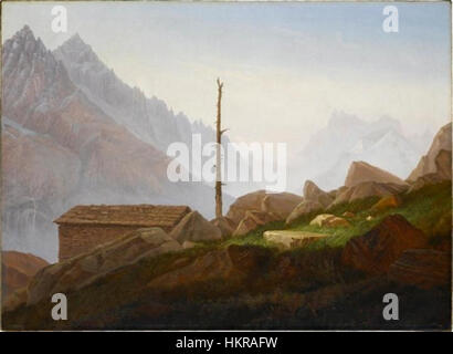 Questo dipinto di Carl Gustav Carus raffigura il gruppo del Monte bianco visto da Montanvert, mostrando l'acuta attenzione dell'artista al paesaggio naturale. Carus, noto per i suoi paesaggi romantici, cattura la bellezza serena e maestosa delle vette alpine in questo lavoro dell'inizio del XIX secolo. Foto Stock