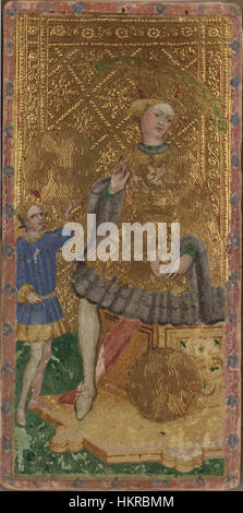 La carta King of Coins del mazzo dei Tarocchi di Cary-Yale è un primo esempio di arte dei tarocchi, risalente al XV secolo. Presenta una dettagliata iconografia medievale ed è considerato uno dei più antichi ponti di tarocchi sopravvissuti. Foto Stock