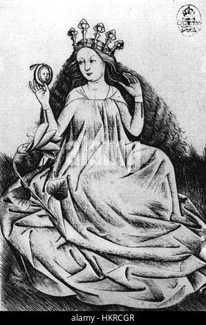 Blumen Dame, creata dal Maestro delle carte da gioco, è un'opera d'arte tedesca del XV secolo raffigurante una signora circondata da fiori, che riflette sia il simbolismo che l'intricata artigianato tipico dell'arte tardo gotica. Foto Stock