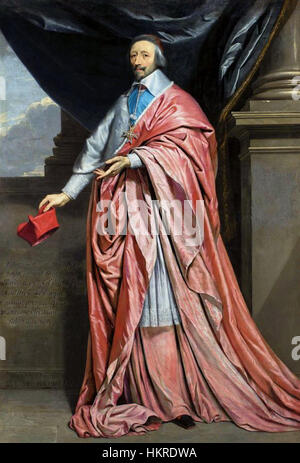 Il ritratto del cardinale Richelieu di Philippe de Champaigne, dipinto nel XVII secolo, cattura l'influente statista e sacerdote francese. Noto per il suo ruolo significativo nella politica francese e nella guerra dei trent'anni, il ritratto di Richelieu riflette la sua posizione di potere all'interno della Chiesa cattolica e del governo francese, caratterizzata da una presenza cupa ma dominante. Foto Stock
