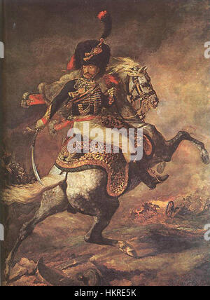 "Charging Chasseur" è un noto dipinto che raffigura un ufficiale di cavalleria francese, catturando l'energia e il movimento del cavallo e del cavaliere in modo drammatico. Il dipinto è celebrato per la sua rappresentazione dinamica della vita militare nel XIX secolo. Foto Stock
