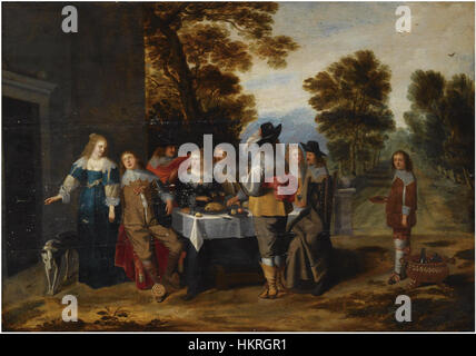 Christoffel Jacobsz. Il dipinto di Van der Laemen cattura un elegante gruppo seduto a un tavolo su una terrazza, con un giardino formale sullo sfondo. La scena del XVII secolo mette in risalto lo status sociale e le attività ricreative del tempo, raffigurate con grande attenzione ai dettagli e al lusso. Foto Stock