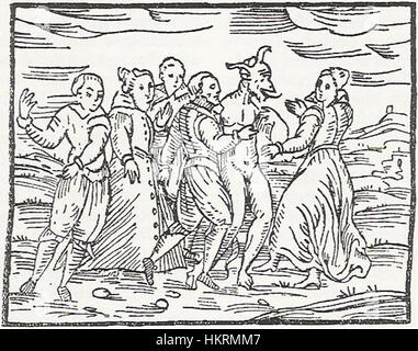 Questa incisione del "Compendium Maleficarum" illustra vedute medievali sulla stregoneria e la persecuzione. Fa parte di una documentazione storica sui processi alle streghe e sulle prime credenze moderne nel soprannaturale. Foto Stock