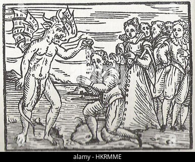 Questa incisione proviene dal *Compendium Maleficarum*, un testo storico che descrive i processi di stregoneria. L'immagine cattura le immagini drammatiche e spesso scure associate alla stregoneria nel primo periodo moderno. Foto Stock